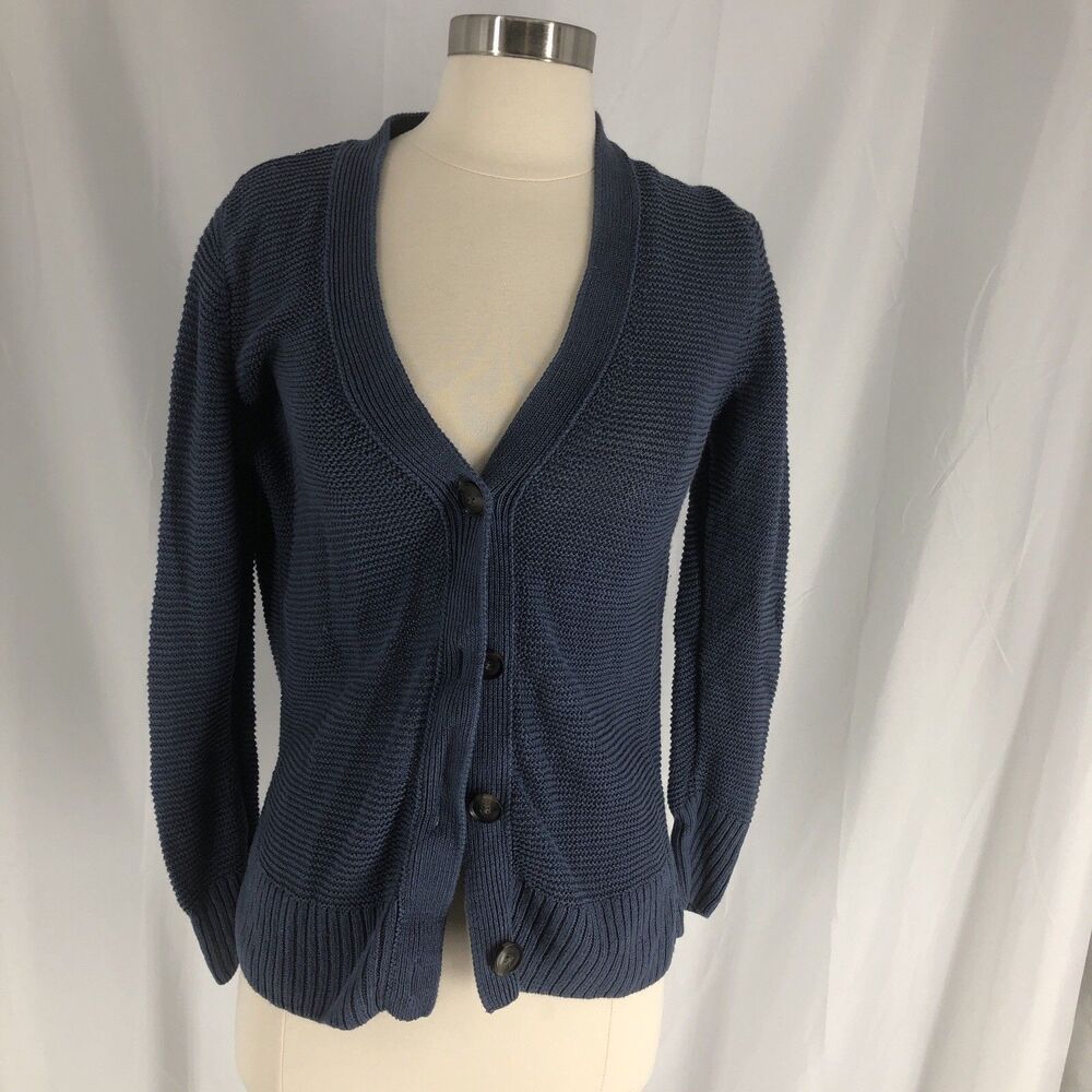 Banana Republic Womens Slouchy Blue Linen Open Knit V Neck Button Cardigan Small
